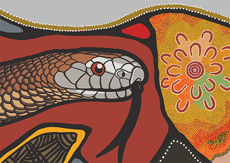 Illustration created for OVAHS Brand Guidelines. The illustration shows a snake and Aboriginal dot painting depicting a meeting place..