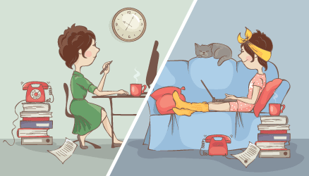 Split illustrated scene of a woman working in an office compared to working from home.