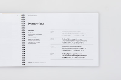 Photograph of page 19 from OVAHS Brand Guidelines showing the primary font section.