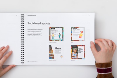Photograph of page 39 from OVAHS Brand Guidelines showing the design of social media posts.