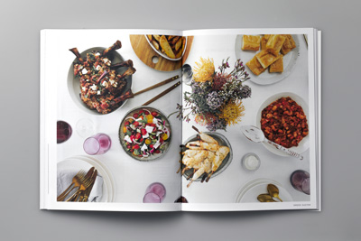A photo of a menu spread showing how food was styled to give the dishes a theme.