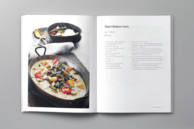 Photo of a page spread showing a main meal, Thai Chicken Curry.