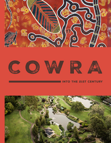 Cover design showing part of a painting of the mural on the pylons of the Lachlan River road bridge at Cowra by Indigenous artist Kym Freeman, and an aerial photograph of the Cowra Japanese Garden.