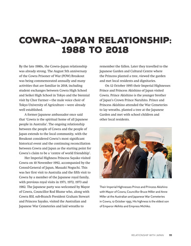 Image showing double-column layout design, page 111 Cowra–Japan relationship: 1988 to 2018, with a photograph of the Japanese Imperial Highnesses Prince and Princess Akishino, 1995.