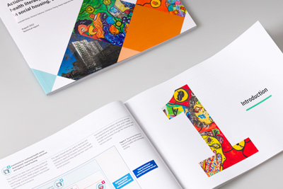 Pages 16–17. Photograph of the cover design and an internal section opener. The design elements work together to create an identity – parts of the publication are easily recognisable as belonging together.