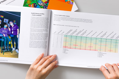 Page 60–61. Photograph of a page spread with the designer holding the report to show the colour patchwork of an illustrated heat map.