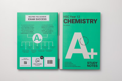 Photo showing the front and back cover design of the Cengage A+ HSC Year 12 Chemistry Study Notes.