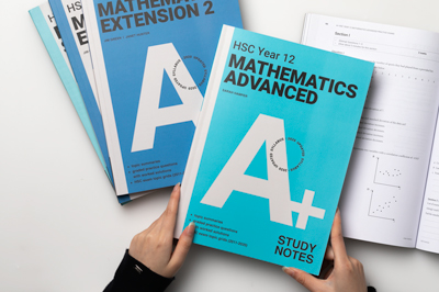 Photograph showing the cover design of four student books from the Cengage A+ HSC Year 12 Mathematics series.