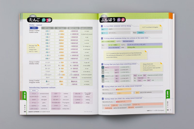 Photo of a double page spread that shows a vocabulary section. Words are arranged in columns and tables and highlighted in different colours to identify language construction and expression.
