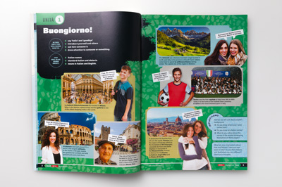 Photograph of student book page spread from Unit 1, pages 2–3, showing a colour chapter opener with images of Italian people and places.