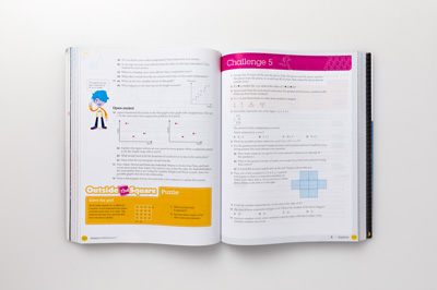 Photograph of a page spread from Pearson Mathematics Year 7 student book showing a cartoon character.