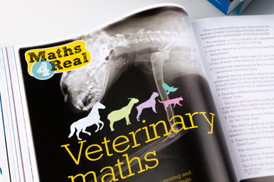 Photographic detail of a Maths 4 Real section that shows veterinary maths. The design features an X-ray of an animal, small animal icons and large typography.