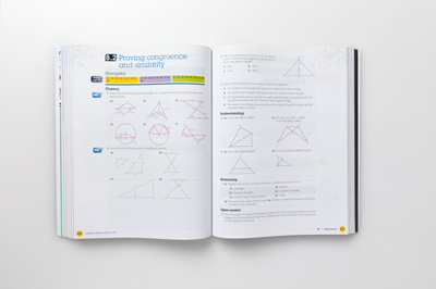 Photograph of student book pages showing geometric mathematics illustrations arranged in an exercise section.