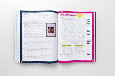 Photo of a page spread from the student book showing the design of a Mixed review section.
