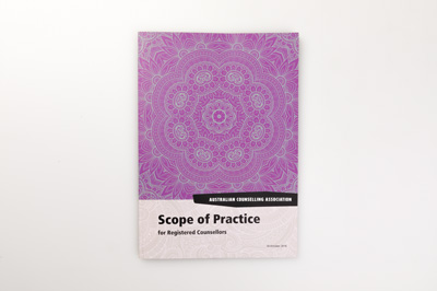Photograph of the 2016 Scope of Practice for Registered Counsellors. The cover design features a motif that radiates from the centre.