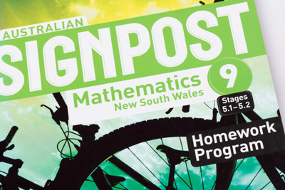 Photo showing cover design of Australian Signpost Mathematics NSW Year 9 Homework Program.
