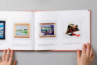 Photograph of a page spread showing images of art and artifacts that have been exchanged as cultural gifts between Australia and Japan.