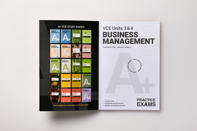 Photo of the inside front cover and title page. The inside front cover shows thumbnail images of 20 cover designs in the A+ VCE Study Guide series.