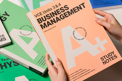 Photograph showing Cengage A+ VCE Business Management Study Notes cover design.