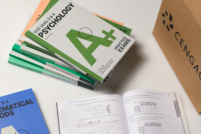 Photo of books showing study guides for multiple subject areas in the Cengage A+ series.