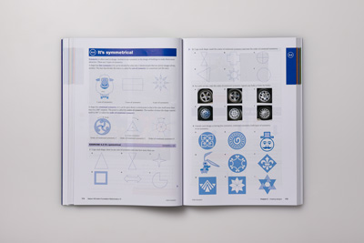 Photo showing maths illustrations, including geometric and organic shapes, patterns, animals and diagrams.  