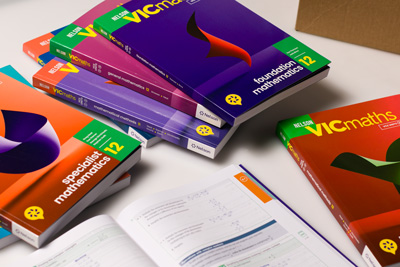 Photo showing the cover designs of Nelson VICmaths series. Nikki M Group supplied publication services across all eight titles. 